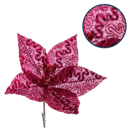 Craciun - Set 12 flori poinsettia grena cu model de dantelă pe petale miez de bobițe roșii și clemă