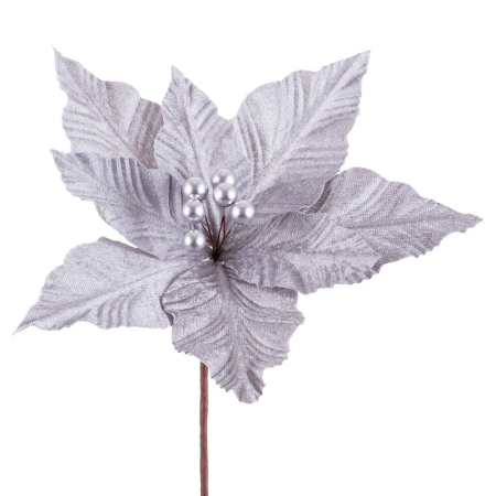 Craciun - Set 12 flori poinsettia gri argintiu din textil cu petale mari unduite buchet de perle argintii și tijă