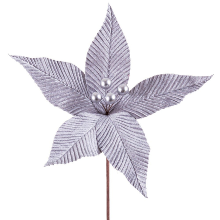 Craciun - Set 12 flori poinsettia gri argintiu din textil cu cinci petale nervurate fin și trei perle argintii