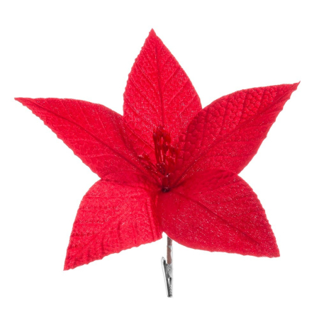 Craciun - Set 12 flori poinsettia roșii cu clemă din textil cu petale cu fir de sclipici și miez roșu
