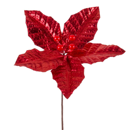 Craciun - Set 12 flori poinsettia roșii din textil cu cinci petale late metalizate bobițe roșii lucioase și tijă lungă