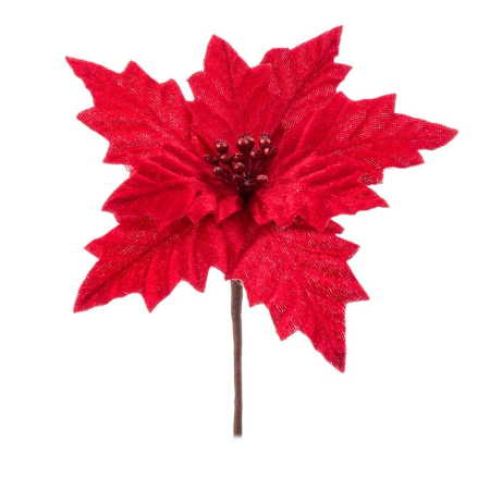 Craciun - Set 12 flori poinsettia roșii din textil cu petale cu aspect de catifea miez de bobițe și tijă