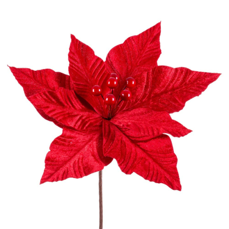 Craciun - Set 12 flori poinsettia roșii din textil cu petale mari cu aspect de catifea bobițe roșii și tijă