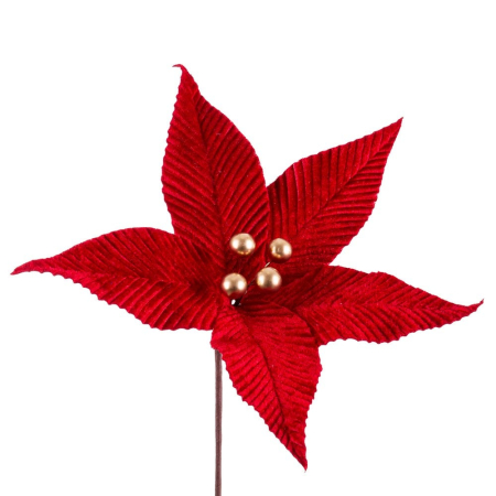Craciun - Set 12 flori poinsettia roșii din textil cu cinci petale cu aspect de catifea și patru perle aurii