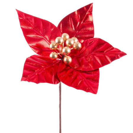 Craciun - Set 12 flori poinsettia roșii din textil cu cinci petale lucioase și ciorchine de bobițe aurii