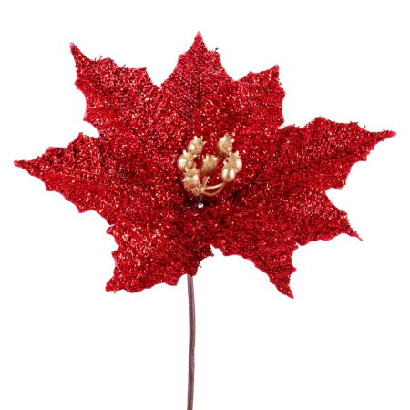 Craciun - Set 12 flori poinsettia roșii din textil cu petale mari acoperite cu sclipici fin mugure auriu și tijă