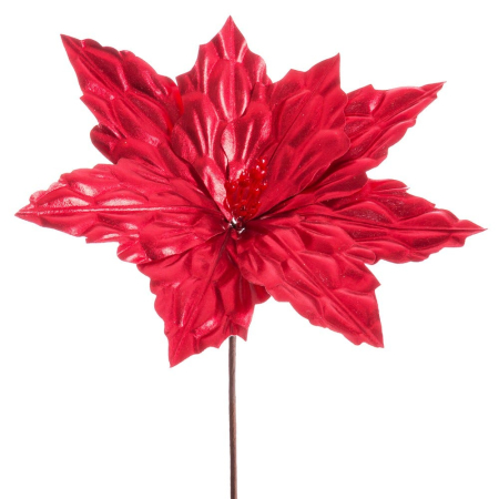 Craciun - Set 12 flori poinsettia roșii metalizate din textil cu petale mari lucioase miez de stamine roșii și tijă
