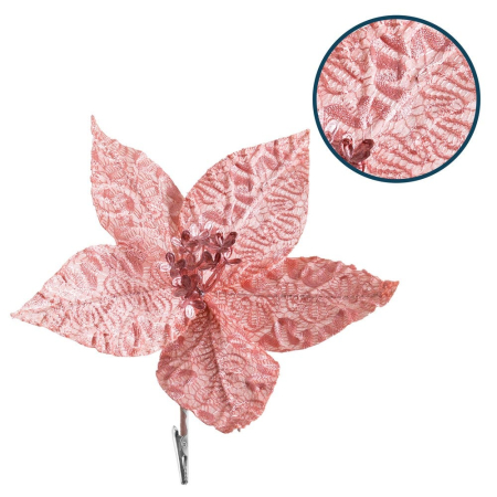 Craciun - Set 12 flori poinsettia roz antic cu clemă din textil cu desen în relief și bobițe în ton