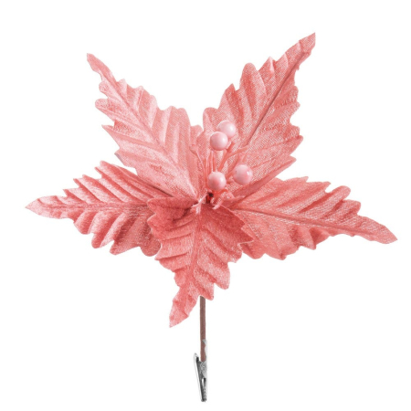 Craciun - Set 12 flori poinsettia roz cu clemă din plastic cu petale nervurate și buchet de bobițe perlate
