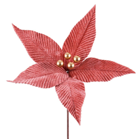 Craciun - Set 12 flori poinsettia roz din textil cu cinci petale cu aspect de catifea și patru perle aurii