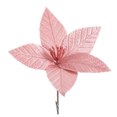 Craciun - Set 12 flori poinsettia roz pudrat cu clemă din textil cu petale nervurate miez de stamine roșii