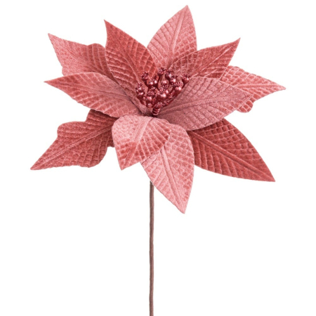 Craciun - Set 12 flori poinsettia roz somon din textil cu petale texturate bobițe roșii în centru și tijă flexibilă