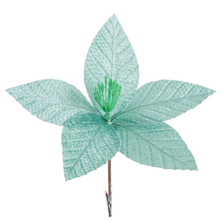 Craciun - Set 12 flori poinsettia verde mentă cu clemă din textil cu petale nervurate miez de stamine verzi