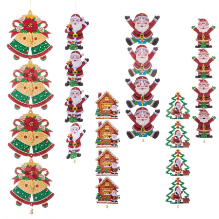 Craciun - Set 12 ghirlande de agățat cu patru figurine de hârtie sclipitoare clopoței Moși Crăciuni căsuțe și brăduți