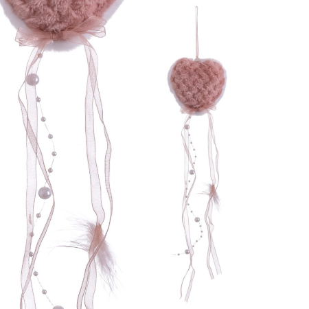 Scandinav - Set 12 inimi de agățat din textil roz pudrat cu panglici de organza șiraguri de perle și pene