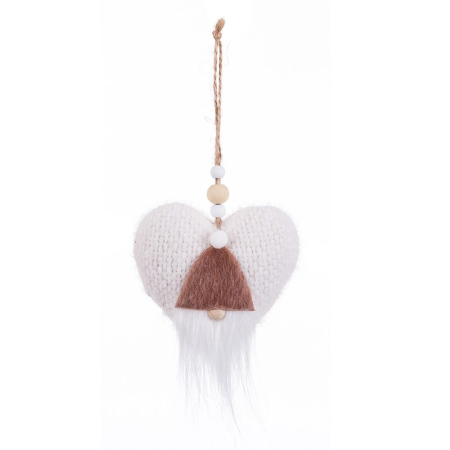 Scandinav - Set 12 inimi de agățat din tricot cu spiriduș cu căciulă maro barbă albă și mărgele de lemn