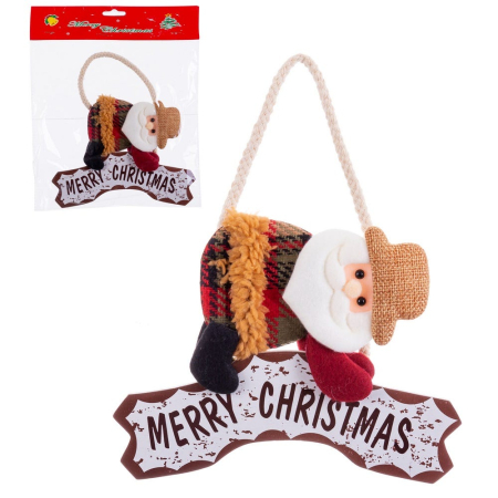 Scandinav - Set 12 Moși Crăciun din textil cu pălărie de iută haină în carouri și tăbliță Merry Christmas