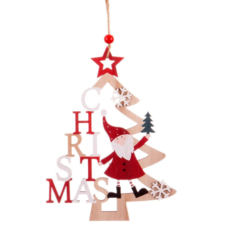 Craciun - Set 12 ornamente brad din lemn cu literele CHRISTMAS pe verticală spiriduș cu căciulă roșie și fulgi albi