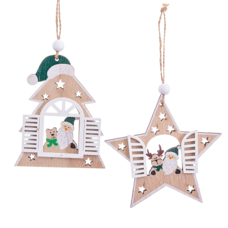Craciun - Set 12 ornamente casă de brad și stea din lemn cu ferestre obloane albe Moș Crăciun și ren
