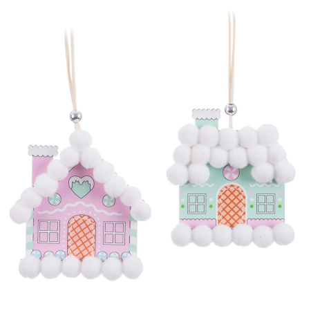 Craciun - Set 12 ornamente căsuță de turtă dulce din lemn roz sau verde mentă cu acoperiș din ponpoane albe