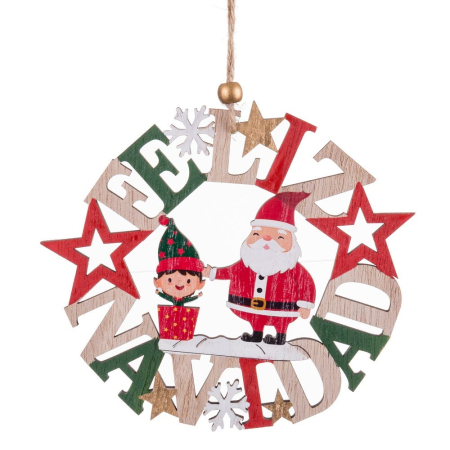 Craciun - Set 12 ornamente coroană Feliz Navidad din lemn cu litere roșii verzi și naturale Moș Crăciun și spiriduș