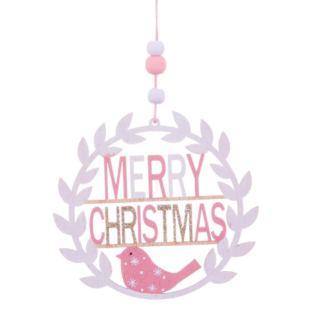 Craciun - Set 12 ornamente coroană din lemn alb cu urarea Merry Christmas roz sclipitor și pasăre roz