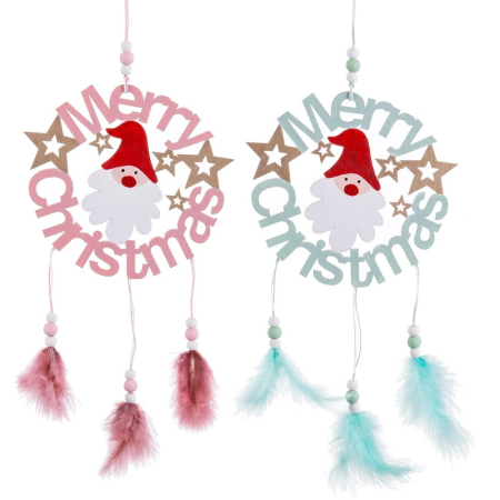Craciun - Set 12 ornamente coroniță Merry Christmas din lemn roz sau verde mentă cu Moș Crăciun stele și pene