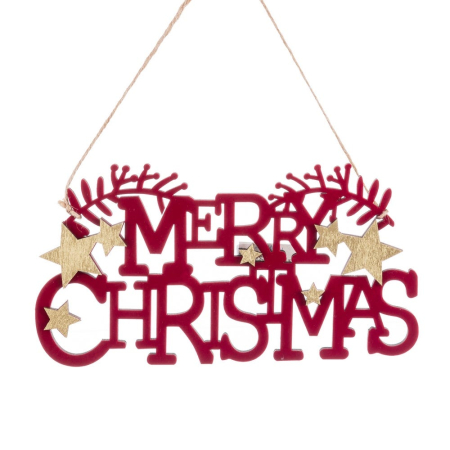 Craciun - Set 12 ornamente cu urarea Merry Christmas din lemn îmbrăcat în catifea roșie cu stele aurii