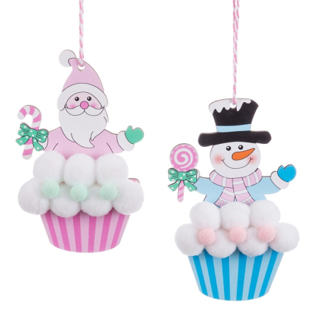 Craciun - Set 12 ornamente cupcake din lemn cu Moș Crăciun roz sau om de zăpadă albastru pe ponpoane albe