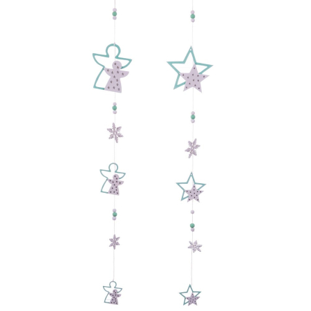 Craciun - Set 12 ornamente ghirlandă verticală cu îngeri și stele din lemn verde mentă cu buline roz