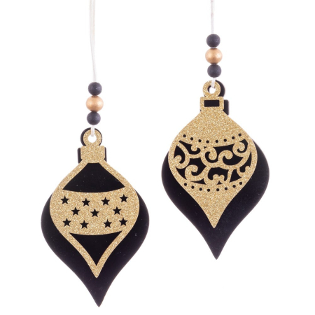 Craciun - Set 12 ornamente glob din lemn negru cu desen decupat auriu sclipitor și mărgele pentru brad