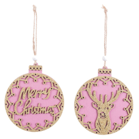 Craciun - Set 12 ornamente glob roz din lemn cu chenar auriu urarea Merry Christmas sau cap de ren