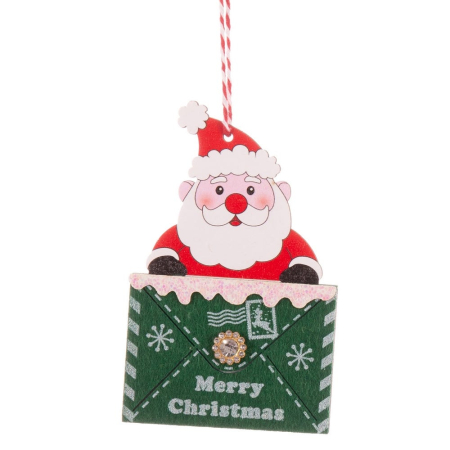 Craciun - Set 12 ornamente Moș Crăciun ieșind din plic verde închis cu urarea Merry Christmas și nasture auriu