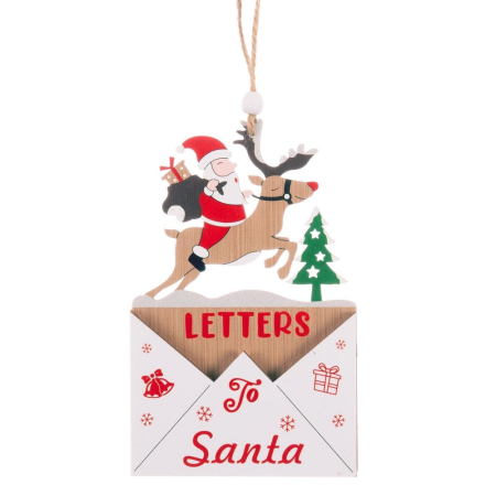 Craciun - Set 12 ornamente Moș Crăciun pe ren zburând peste un plic alb cu inscripția Letters to Santa