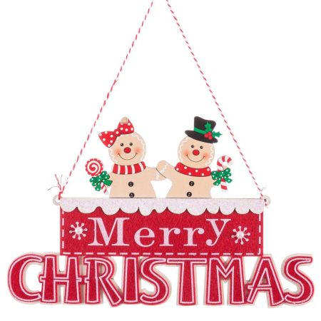 Craciun - Set 12 ornamente omuleți de turtă dulce peste placa roșie Merry Christmas din lemn cu bastoane în dungi