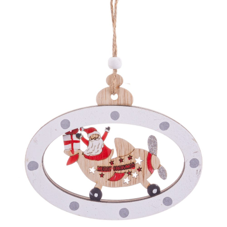 Craciun - Set 12 ornamente oval alb din lemn cu buline gri și Moș Crăciun în avion cu cadou