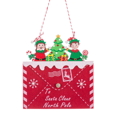 Craciun - Set 12 ornamente plic roșu cu adresa To Santa Claus North Pole din lemn cu doi spiriduși