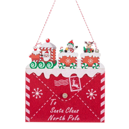 Craciun - Set 12 ornamente plic roșu cu adresa To Santa Claus North Pole din lemn cu trenuleț de iarnă