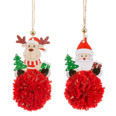 Craciun - Set 12 ornamente ren sau Moș Crăciun din lemn pe ponpon roșu mare cu fir auriu