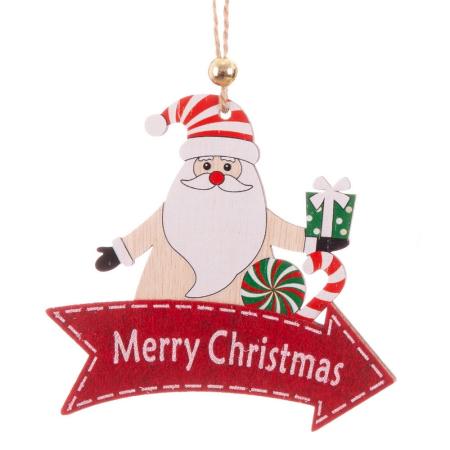 Craciun - Set 12 ornamente săgeată roșie Merry Christmas din lemn cu Moș Crăciun cu cadou verde și bomboană