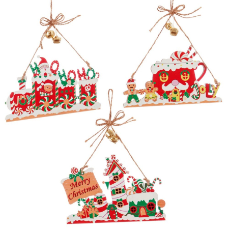 Craciun - Set 12 ornamente scene de turtă dulce din lemn cu tren HO HO HO cană JOY sau casă