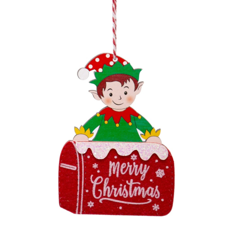 Craciun - Set 12 ornamente spiriduș în cutie poștală roșie din lemn cu urarea Merry Christmas cu sclipici argintiu
