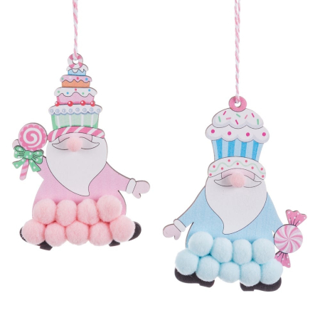 Craciun - Set 12 ornamente spiriduși cu pălărie cupcake din lemn cu corp din ponpoane roz sau albastre