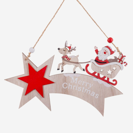 Craciun - Set 12 ornamente stea căzătoare din lemn cu Moș Crăciun pe sanie trasă de ren și Merry Christmas