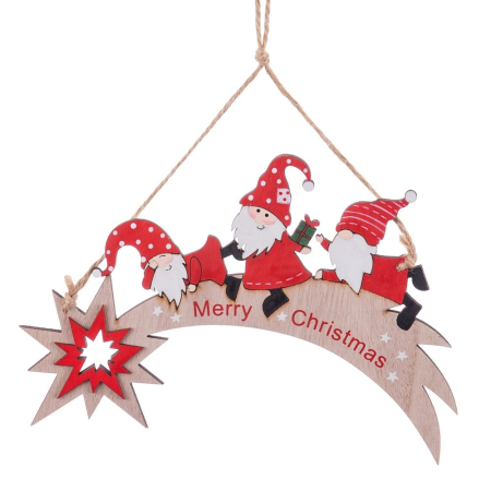 Craciun - Set 12 ornamente stea căzătoare din lemn deschis cu trei spiriduși în căciuli roșii și urarea Merry Christmas