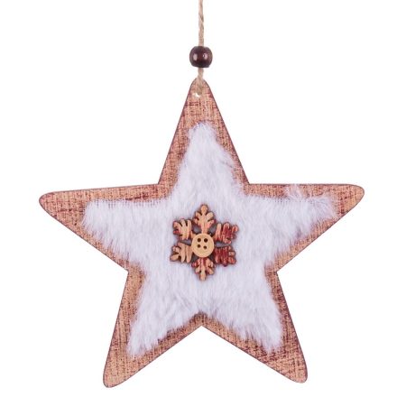 Craciun - Set 12 ornamente stea din MDF cu centru alb pufos margine roșiatică și nasture fulg de nea