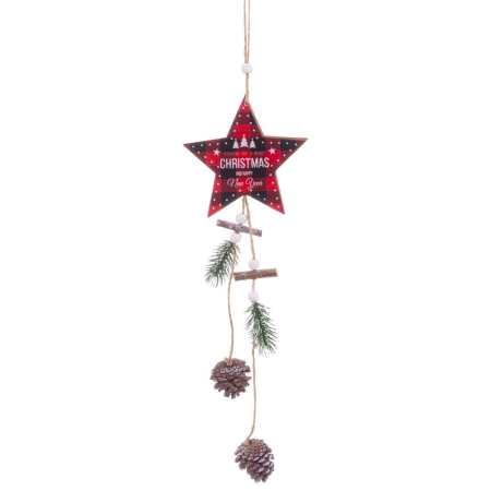 Craciun - Set 12 ornamente stea scoțiană din lemn cu urare Christmas ramuri de brad și conuri de pin atârnate