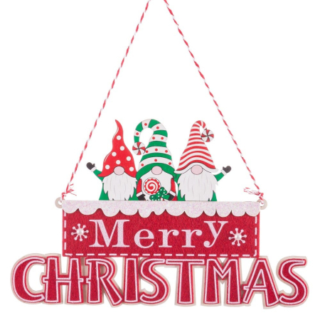 Craciun - Set 12 ornamente trei spiriduși cu pălării cu buline peste placa roșie Merry Christmas din lemn