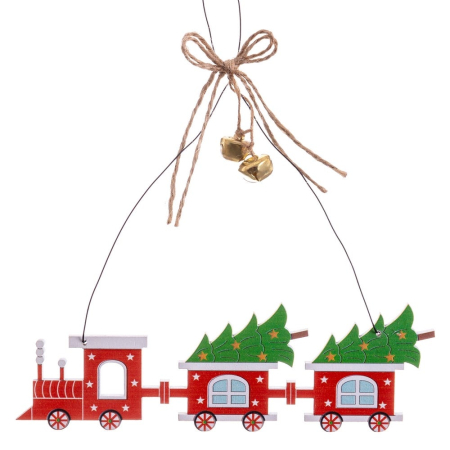 Craciun - Set 12 ornamente tren roșu din lemn cu locomotivă vagoane încărcate cu brazi doi clopoței și fundiță
