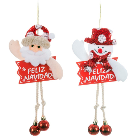 Craciun - Set 12 pandantive Moș Crăciun și om de zăpadă cu tăbliță roșie Feliz Navidad și picioare lungi